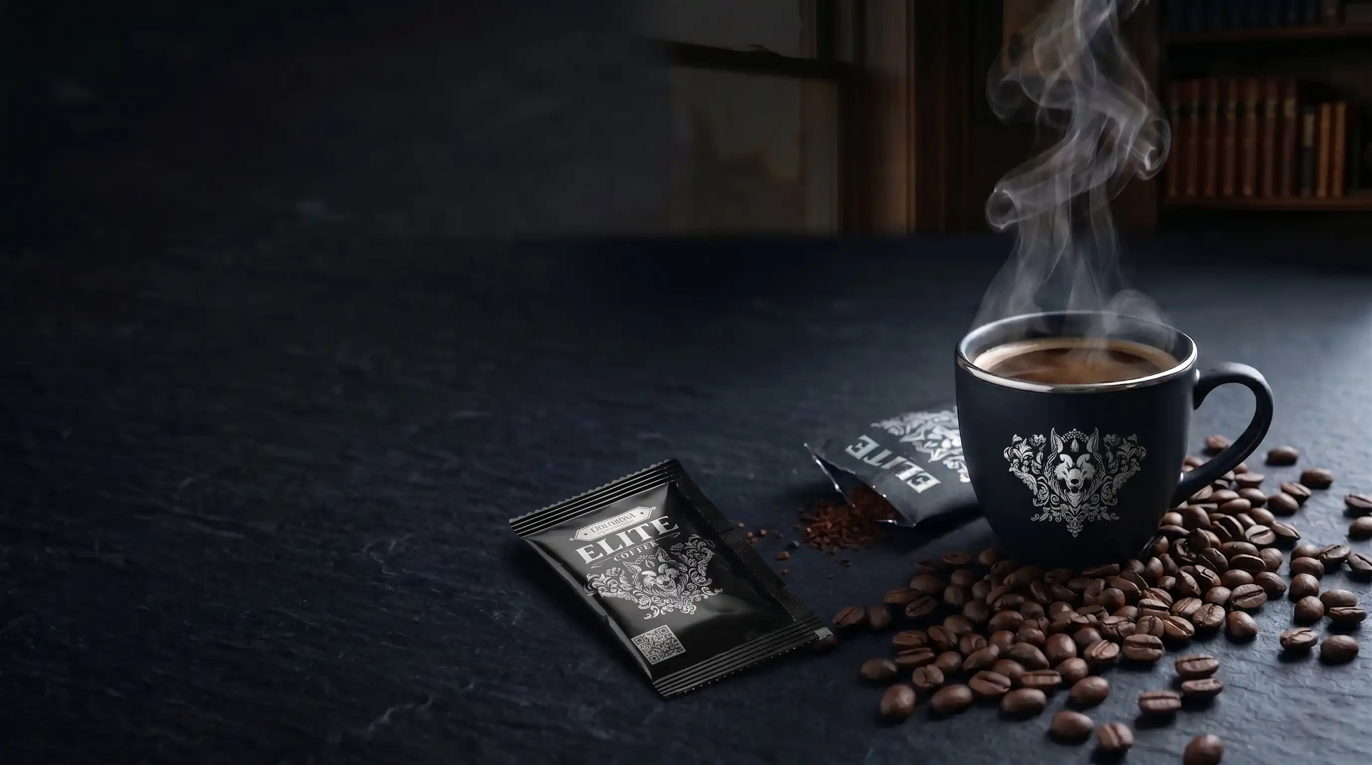 A steaming cup of Elite Coffee with a torn sachet and scattered beans on dark slate.