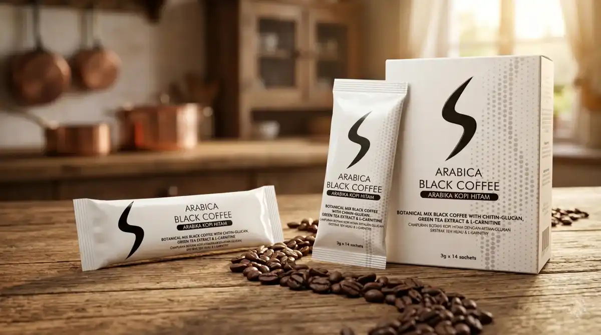 S Coffee sachet and box on rustic kitchen counter