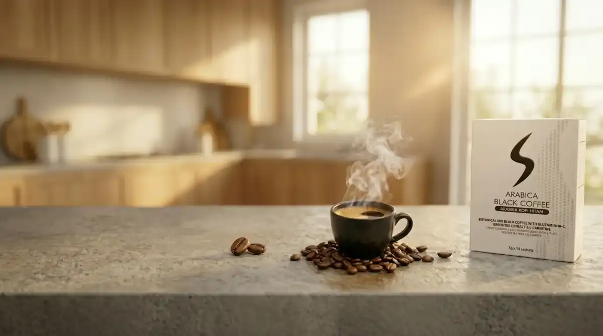 A steaming cup of S Coffee on a sunlit kitchen counter