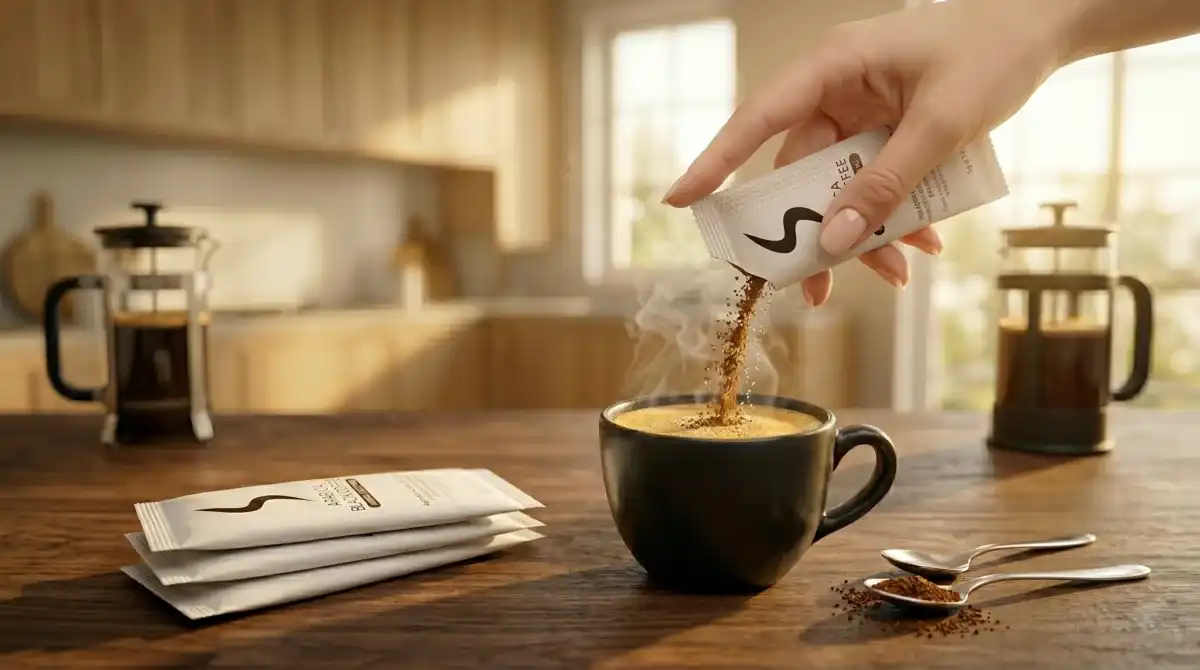 Pouring S Coffee sachet into a cup